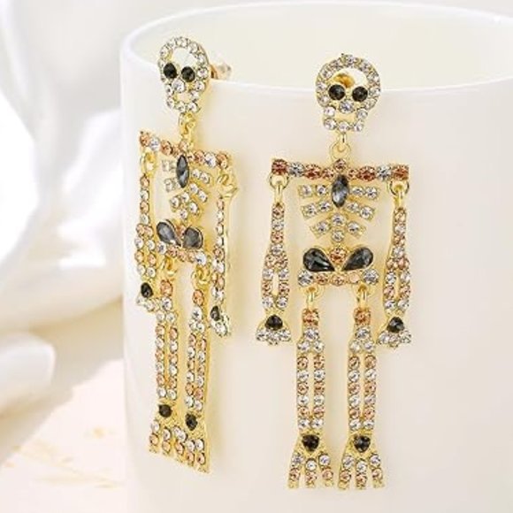 Gold Peach Skeleton Rhinestone Earrings Halloween Party CZ Dangle Skeletons New - Picture 3 of 6